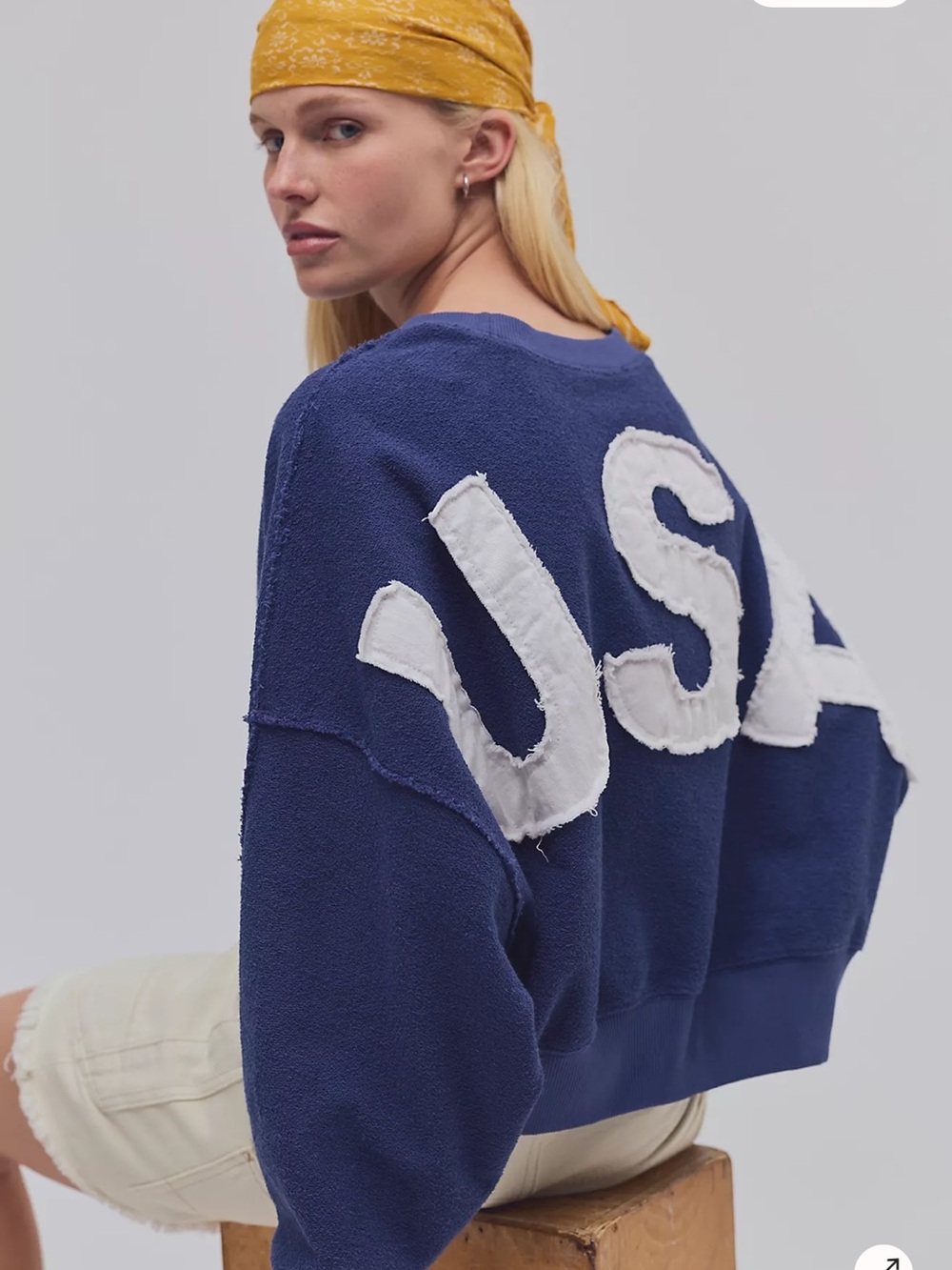 FREE PEOPLE X TRICIA FIX USA APPLIQUÉ CREWNECK IN A BRIGHT BOLD NAVY